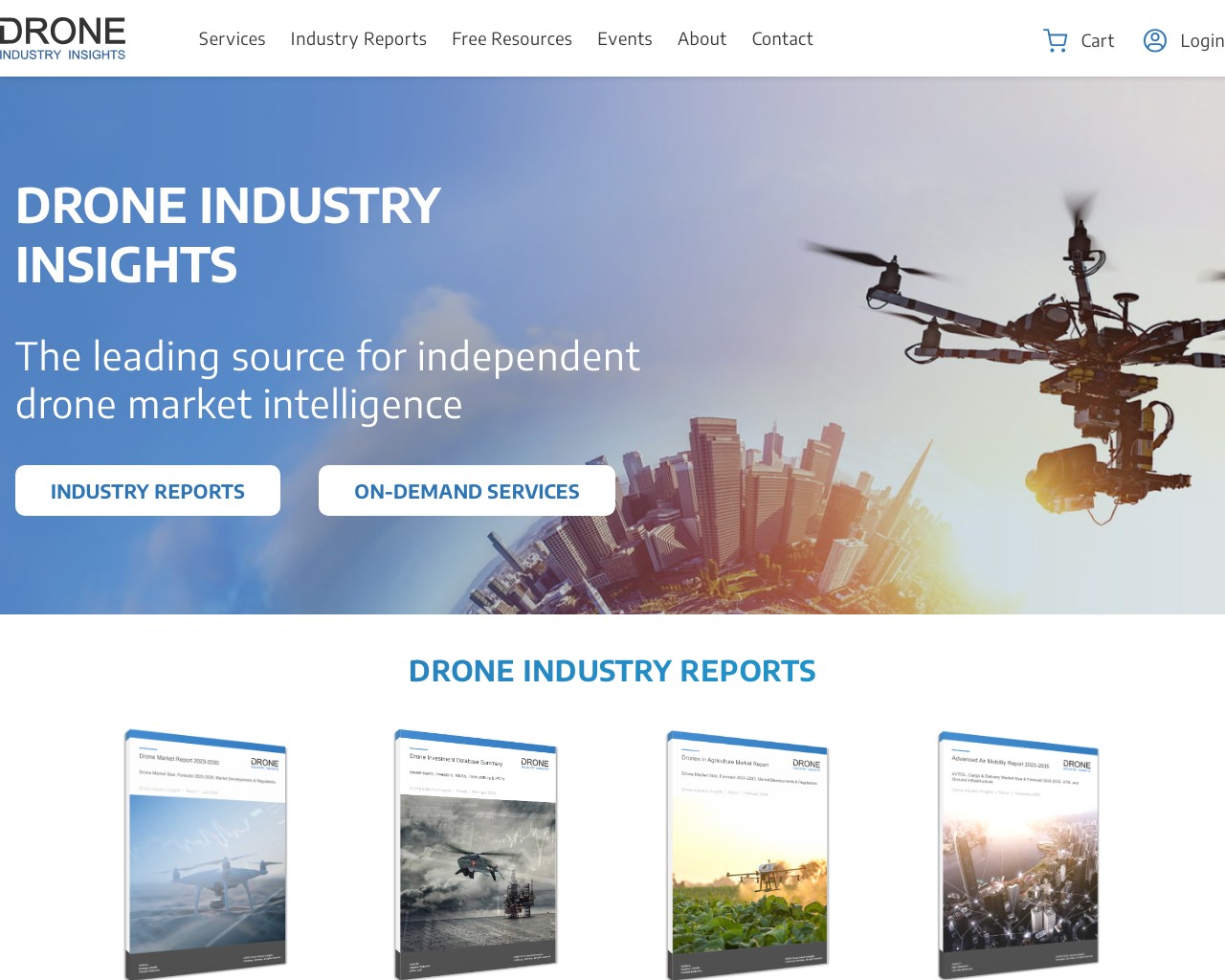 Картинка скриншота сайта - Drone Industry Insights - сайт, посвященный новостям, исследованиям и тенденциям в области дронов